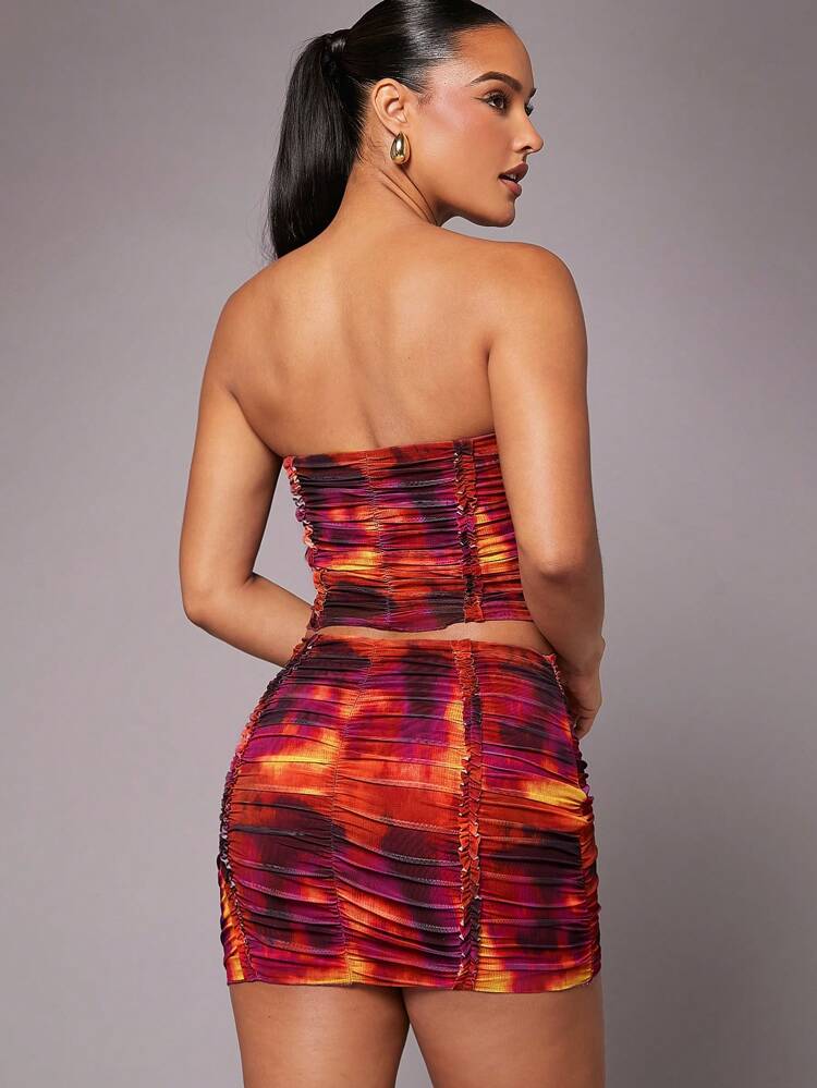 Tie Dye Ruched Tube Top & Skirt Two Piece Set