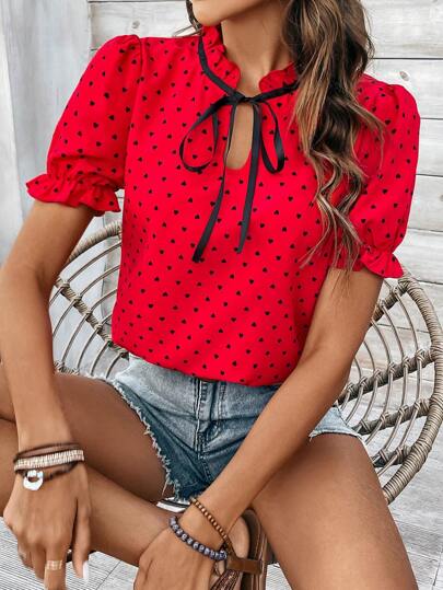 Chiquease Contrast Color Polka Dot Printed Blouse With Tied Neck For New Year Clothes,Short Sleeve Tops