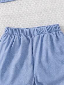 SHEIN Young Boy 2pcs/Set Everyday Casual Comfortable Short Sleeve Jacket & Shorts, Sun-Like & Handsome Design, Suitable For Spring And Autumn - Blue - View 5