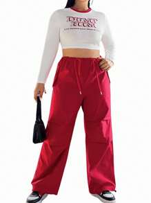 SHEIN EZwear Plus Size Women's Letter Print Cropped Top And Utility Pants Set - Multicolor - View 1