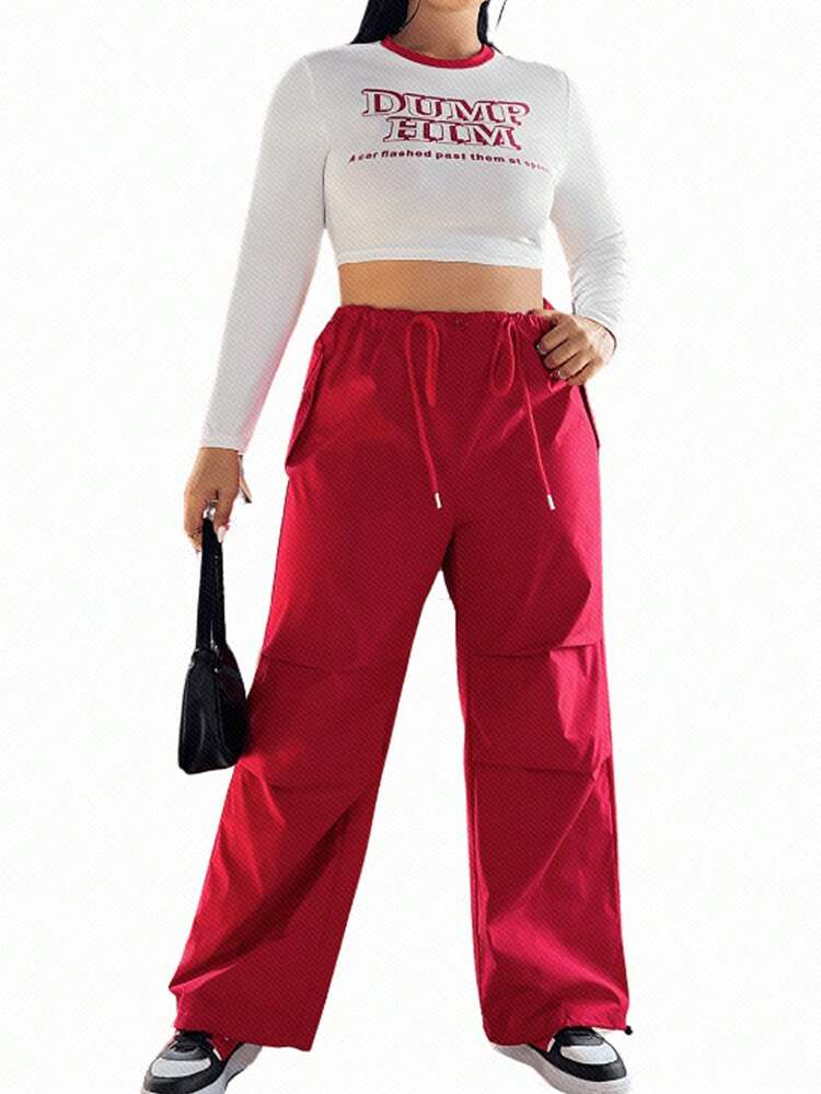 Plus Size Women's Letter Print Cropped Top And Utility Pants Set