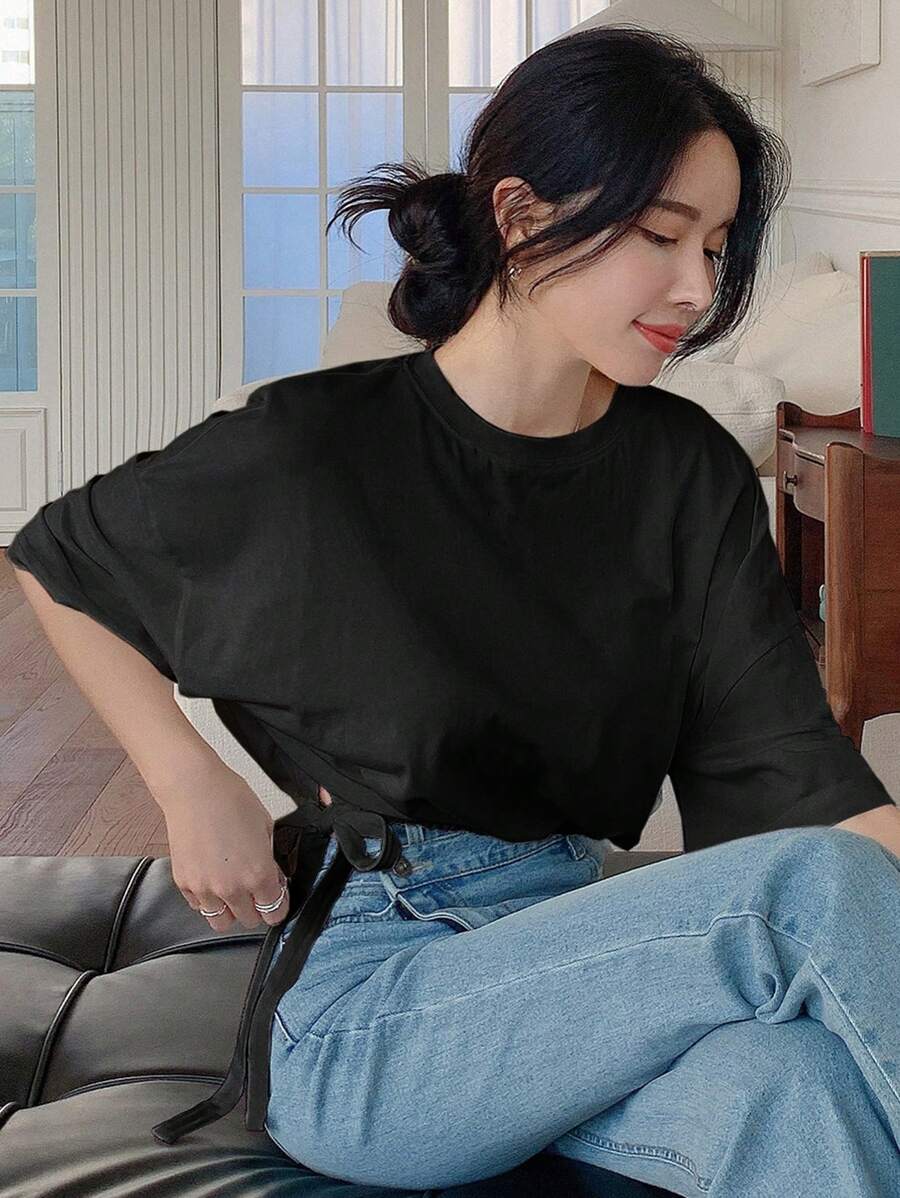 DAZY Solid Color Short Sleeve T-Shirt - Black - View 1