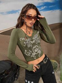 SHEIN ICON Áo thun Phương Tây Cô gái cao bồi In bướm Đường viền cổ có rãnh - xanh quân đội - Xem 6