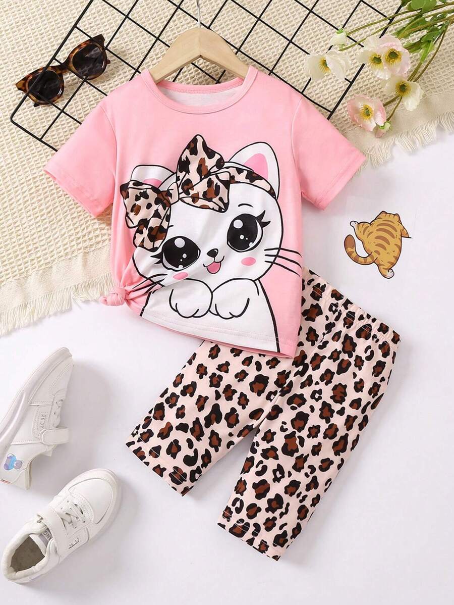 SHEIN Young Girl Cartoon Cat Print Top And Leopard Print Pants Set, 2pcs - Multicolor - View 1