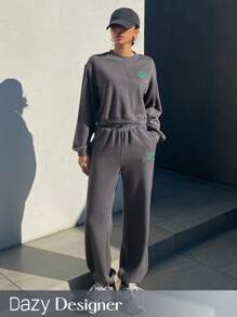 Dazy Designer 女款字母印花落肩長袖運動衫與運動褲兩件套 - 灰色 - 查看 1