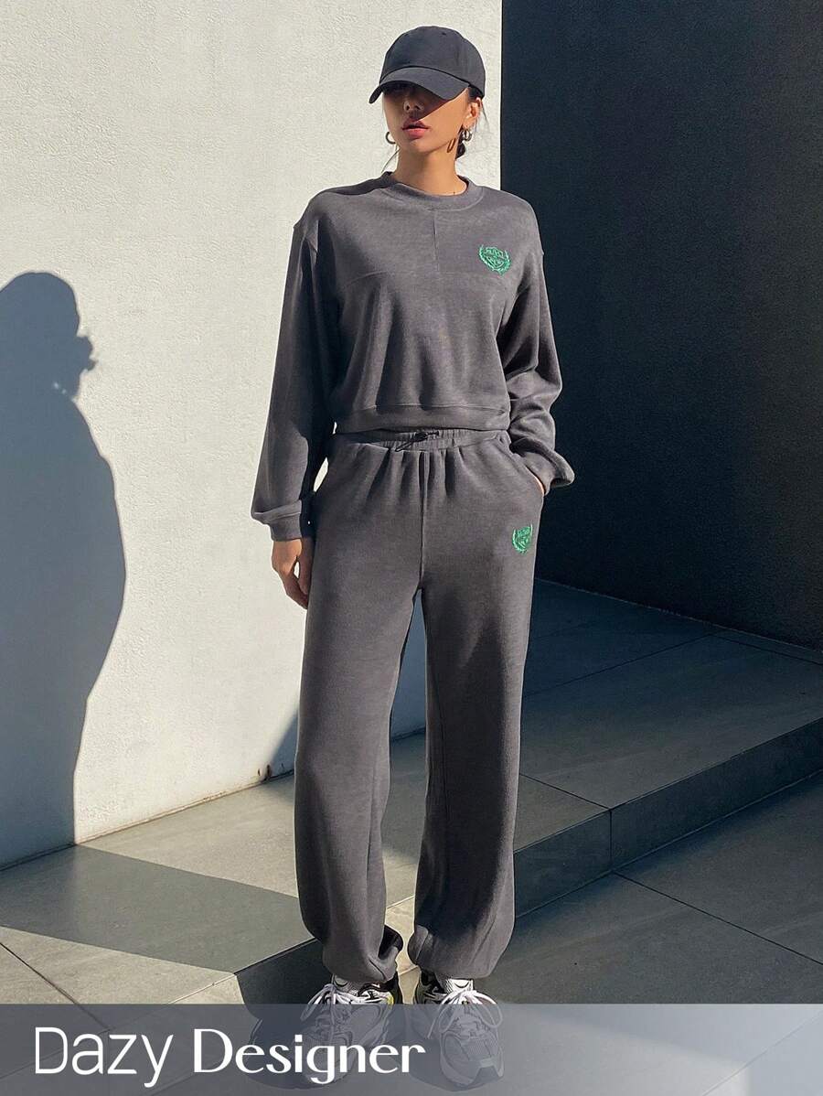 Dazy Designer 女款字母印花落肩長袖運動衫與運動褲兩件套 - 灰色 - 查看 1