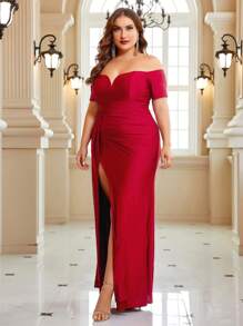 SHEIN Belle Vestido burdeos con hombros descubiertos y abertura en el muslo para tallas grandes - Burdeos - Ver 6