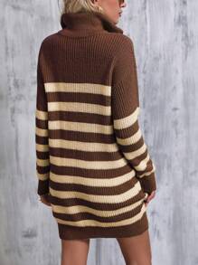 SHEIN Frenchy Của phụ nữ Khóa kéo nửa mở Sọc Đầm Áo len - Cà phê nâu - Xem 2