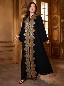 Plus Size Women's Solid Color V-Neck Floral Applique Detail Long Sleeve Soft Arabic Maxi Dress, Comfortable For Various Occasions, Holiday & Daily Wear - Black - View 3