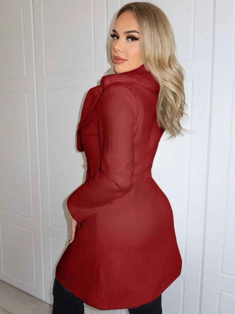 Women'S Woolen Coat With Fur Collar And Button Closure