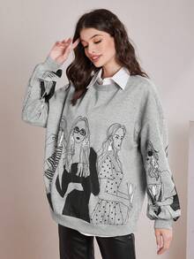 Mulvari Của phụ nữ Hoạt hình Nhân vật In Vòng cổ Thả vai Lông cừu Áo nỉ - Xám - Xem 3