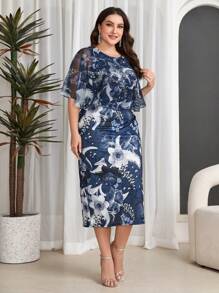 Modelyn Plus Size Floral Printed Patchwork Cape Dress - Multicolor - View 5