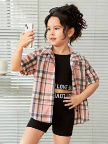 Girls' Street Style Knit Sleeveless Top & Shorts Set With Oversized Shirt - Multicolor - View 1