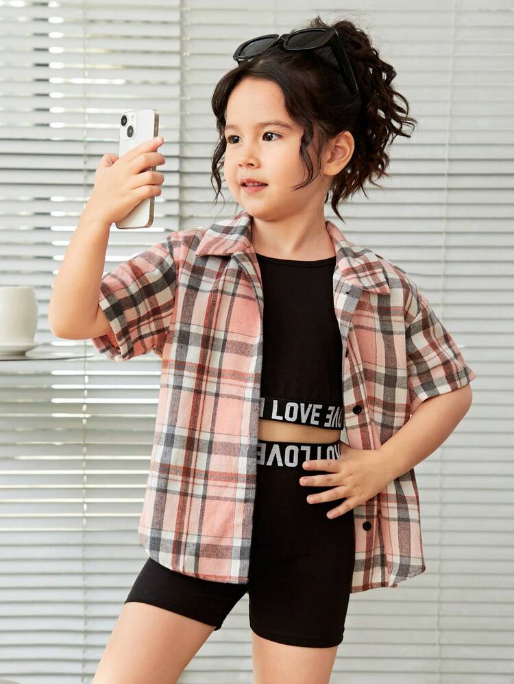 Girls' Street Style Knit Sleeveless Top & Shorts Set With Oversized Shirt