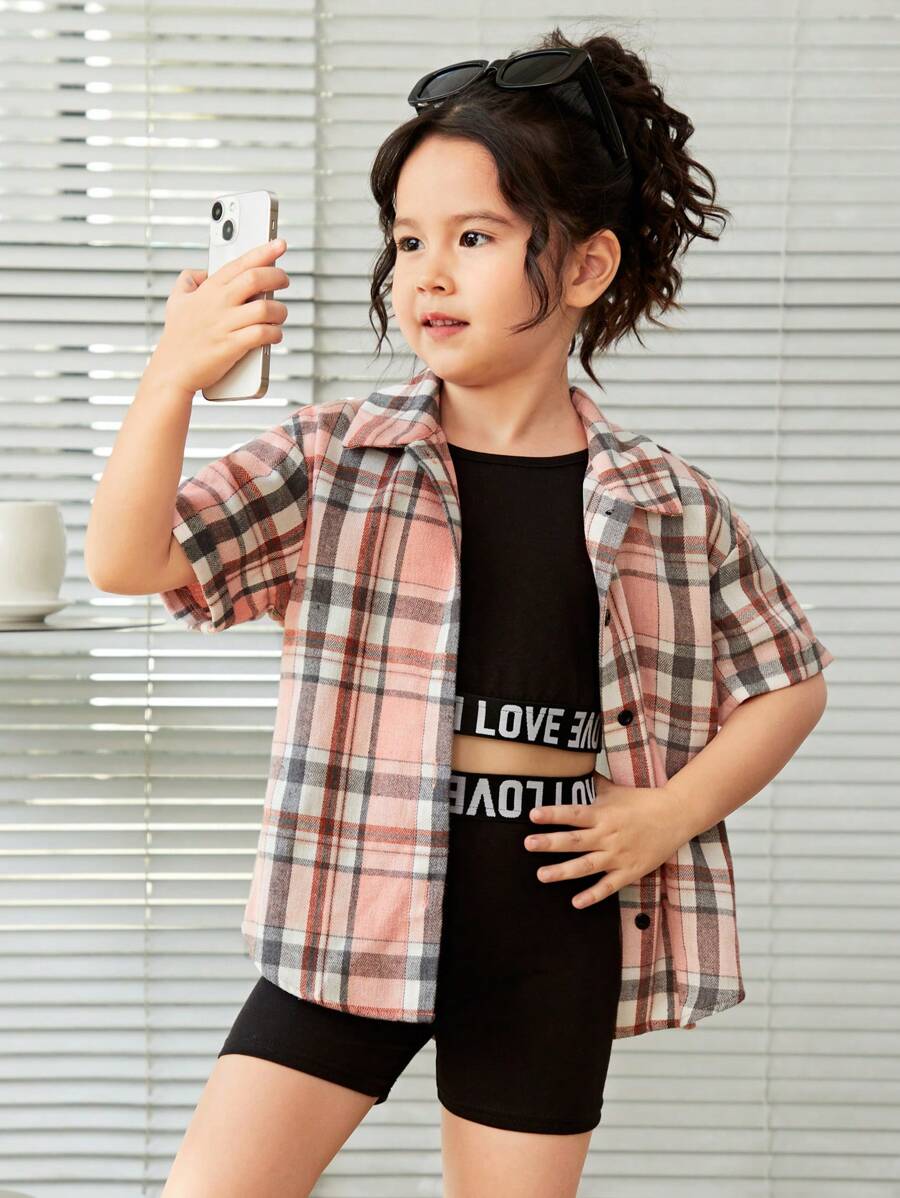 Girls' Street Style Knit Sleeveless Top & Shorts Set With Oversized Shirt - Multicolor - View 1