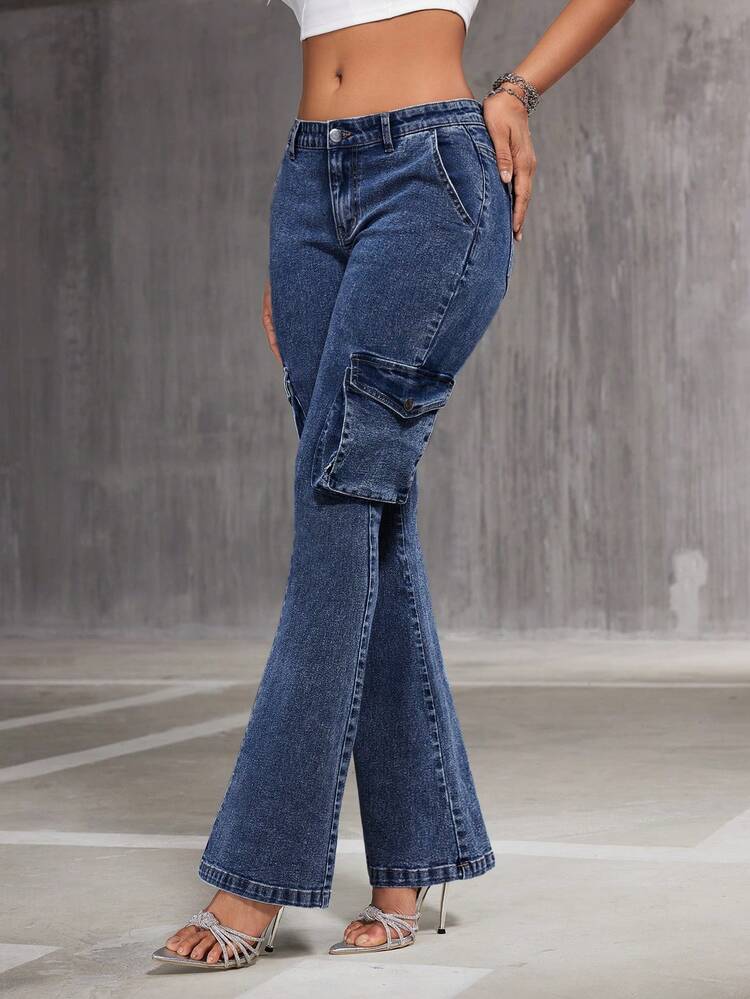 Women's Cargo Style Pocket Flared Jeans