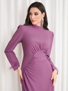 Modelyn Vestido largo de mujer con mangas abullonadas, cuello alto y vestidos de noche largos - Púrpura polvoriento - Ver 5