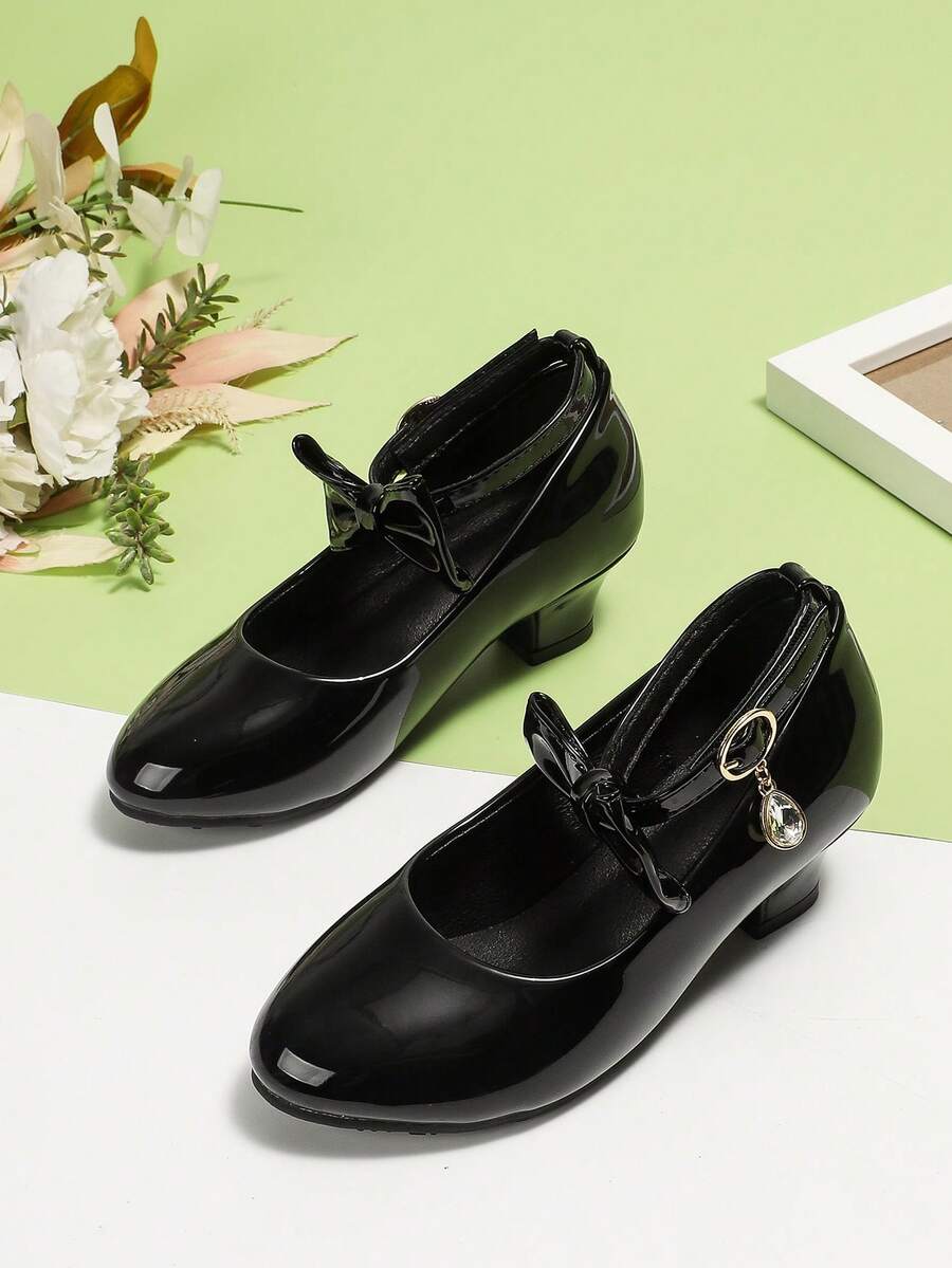 New Arrival Girls' Black Noble Formal Dress Shoes With Flower & Rhinestone Pendant For Party, Performance, High Heels - Black - View 1