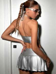 SHEIN ICON 女士空心露背領口上衣和褶裥分裙套裝 - 銀色 - 查看 2