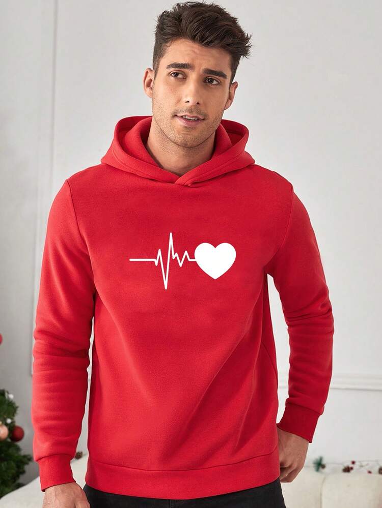 Men Oversized Heart Print Hoodie Sweatshirt, Fall
