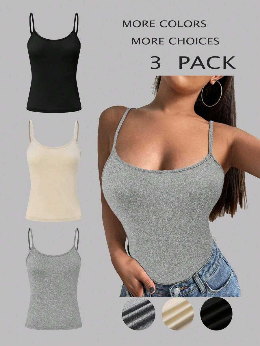 SHEIN LUNE 3pcs Solid Color Camisole Tank Tops - Multicolor - View 1