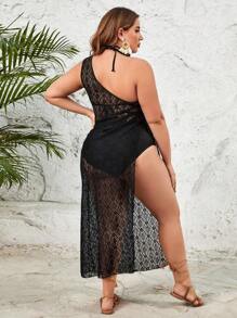 SHEIN Swim Curve Plus Size 1pc One Shoulder Drawstring Side High Slit Cover Up Dress Carnival Summer - Dark Grey - View 2