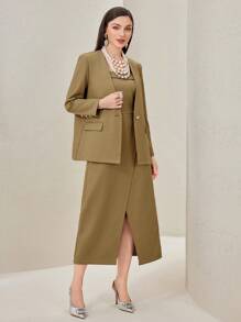 Modelyn 收口蕾絲細肩連身裙及單排釦外套套裝 - 卡其色 - 查看 3