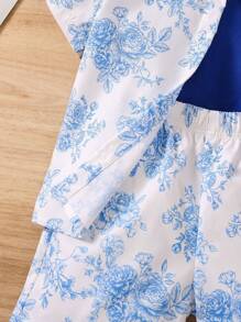 SHEIN 幼兒女孩藍色花卉短袖襯衫、吊帶上衣和短褲 3 件/套 - 藍白色 - 查看 5