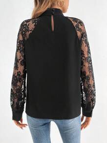 SHEIN Tall Ladies' Lace Splicing Hollow Out Blouse - Black - View 2