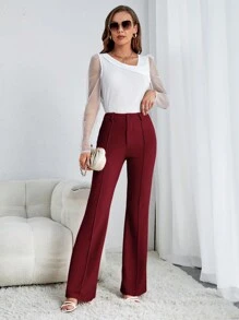 SHEIN Tall 女性高腰喇叭褲 - 酒紅色 - 查看 4