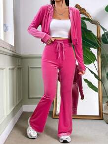 SHEIN EZwear Rhinestone Letter Pattern Zip Up Velvet Hoodie And Flare Pants Set - Pink - View 3