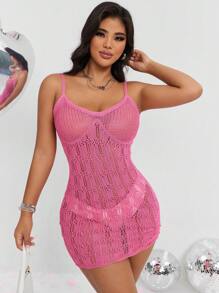 Zolique Women's Hollow Out Knitted Cami Sweater Dress - Pink - View 4