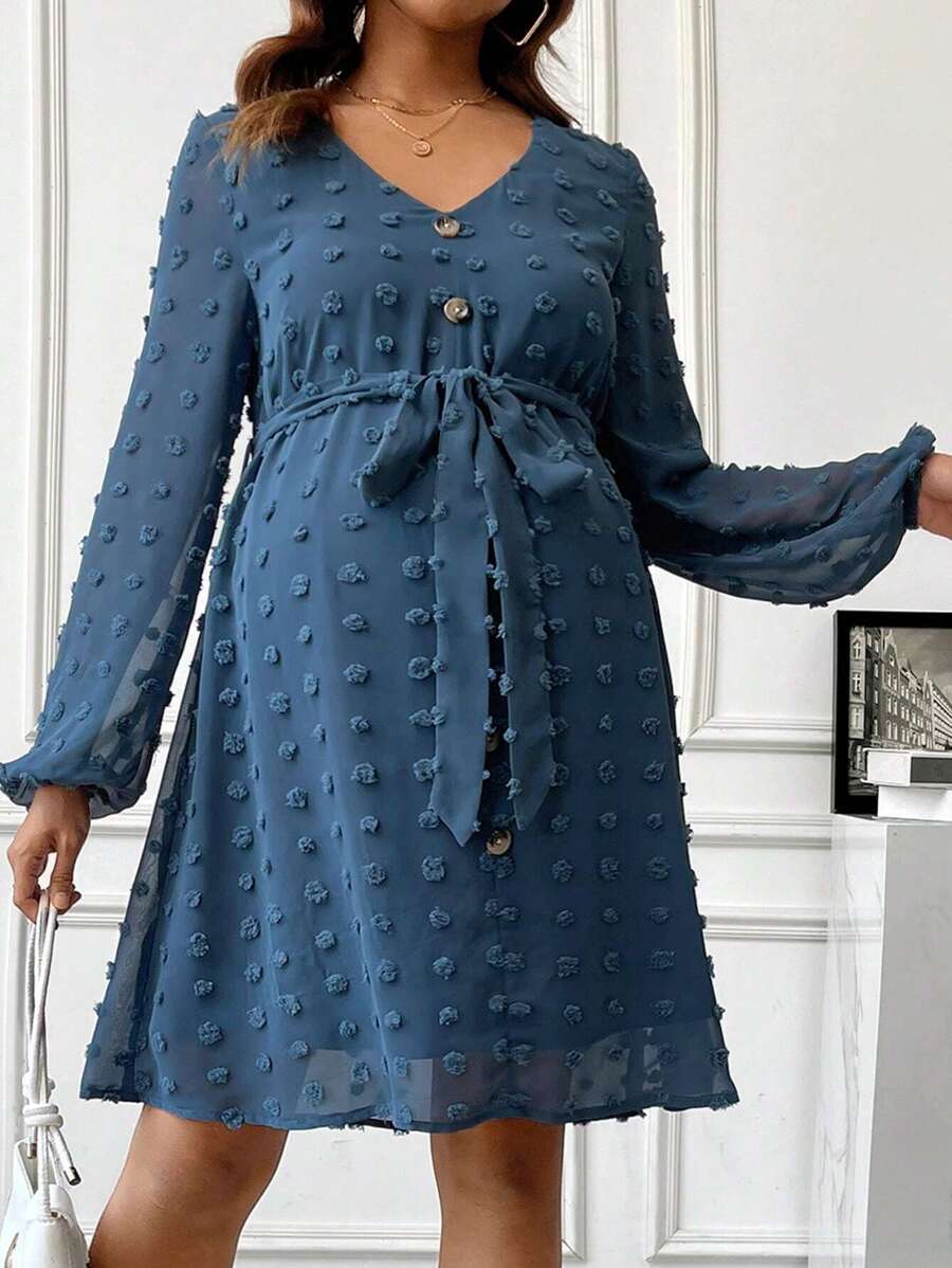 SHEIN 優雅v領孕婦裙配腰帶 - 藍色 - 查看 1