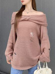 DAZY 女士露肩做旧长袖毛衣，秋季可爱上衣 - 粉色 - 查看 2