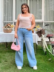 SHEIN Qutie Plus Size Hollow Out Knitted Camisole Top - Baby Pink - View 5