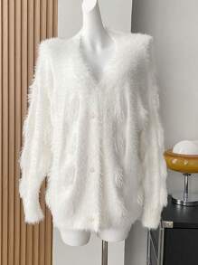 SHEIN Qutie Plus Size Button Up Fuzzy Cardigan - White - View 1