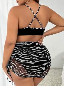 SHEIN Swim Curve 3 件套大码斑马图案印花比基尼套装音乐节夏日海滩 - 黑與白 - 查看 2