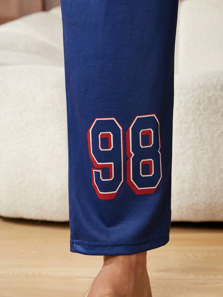 Men'S Casual Letter Printed Top And Solid Color Pants Homewear Set