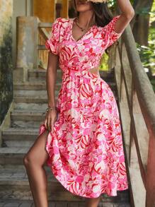 SHEIN LUNE 花卉印花泡泡袖連身裙 - 彩色 - 查看 3