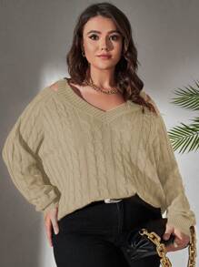 SHEIN LUNE Plus-Size Women's Solid Color Cold-Shoulder Pullover Sweater Knit Pullover Fall Winter - Apricot - View 6