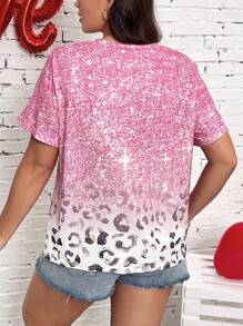 SHEIN LUNE Kích thước lớn Của phụ nữ Màu hồng Biến đổi dần Lấp lánh In hoa Báo Vòng cổ Ngắn tay Áo thun - Hồng - Xem 2
