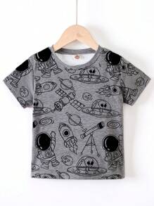 SHEIN Camiseta De Impresión De Cohete Y Astronauta Para Niño Joven - Gris - Ver 1