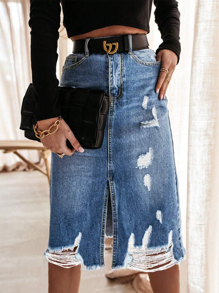 Women's Pockets Slit Hem Distressed Frayed Hem Denim Skirt - 中等水洗藍 - 查看 1