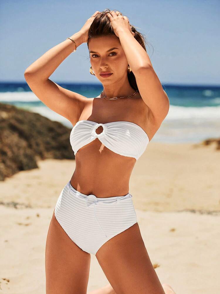 Women's Bandeau Bikini Set With Circular Ring Connection Summer Beach