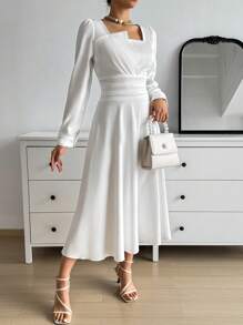 SHEIN Privé Ladies' Solid Color Asymmetric Neckline & Waist Ruffle Trim Umbrella Dress - White - View 5