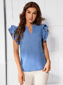 SHEIN LUNE Women's Ruffle Short Sleeve Denim Top - Medium Wash - View 5