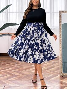 SHEIN Clasi Plus Size Floral Print Pleated Hem Belted Dress - Blue - View 4