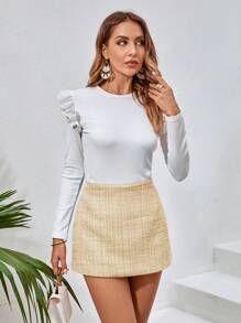 Firerie Woolen Elegant Solid Color Straight Mini Skirt - Apricot - View 6