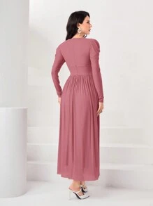 Modelyn Solid Color Pleated Leg-Of-Mutton Sleeve Ladies' Dress Long Evening Dresses - Pink - View 2