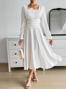 SHEIN Privé Ladies' Solid Color Asymmetric Neckline & Waist Ruffle Trim Umbrella Dress - White - View 4